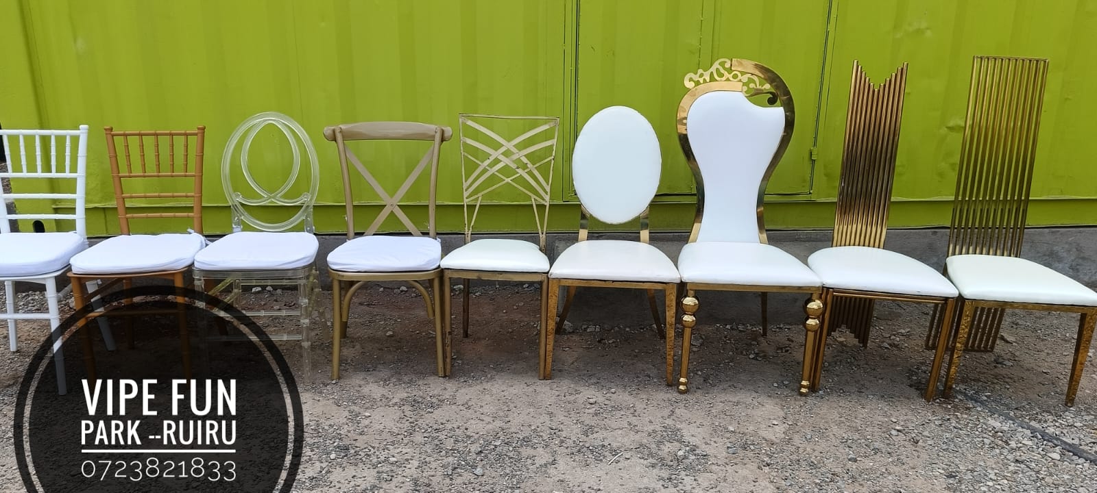 A row of event chairs showing white, gold, transparent, cross-back, oval and high-back designs with white cushions