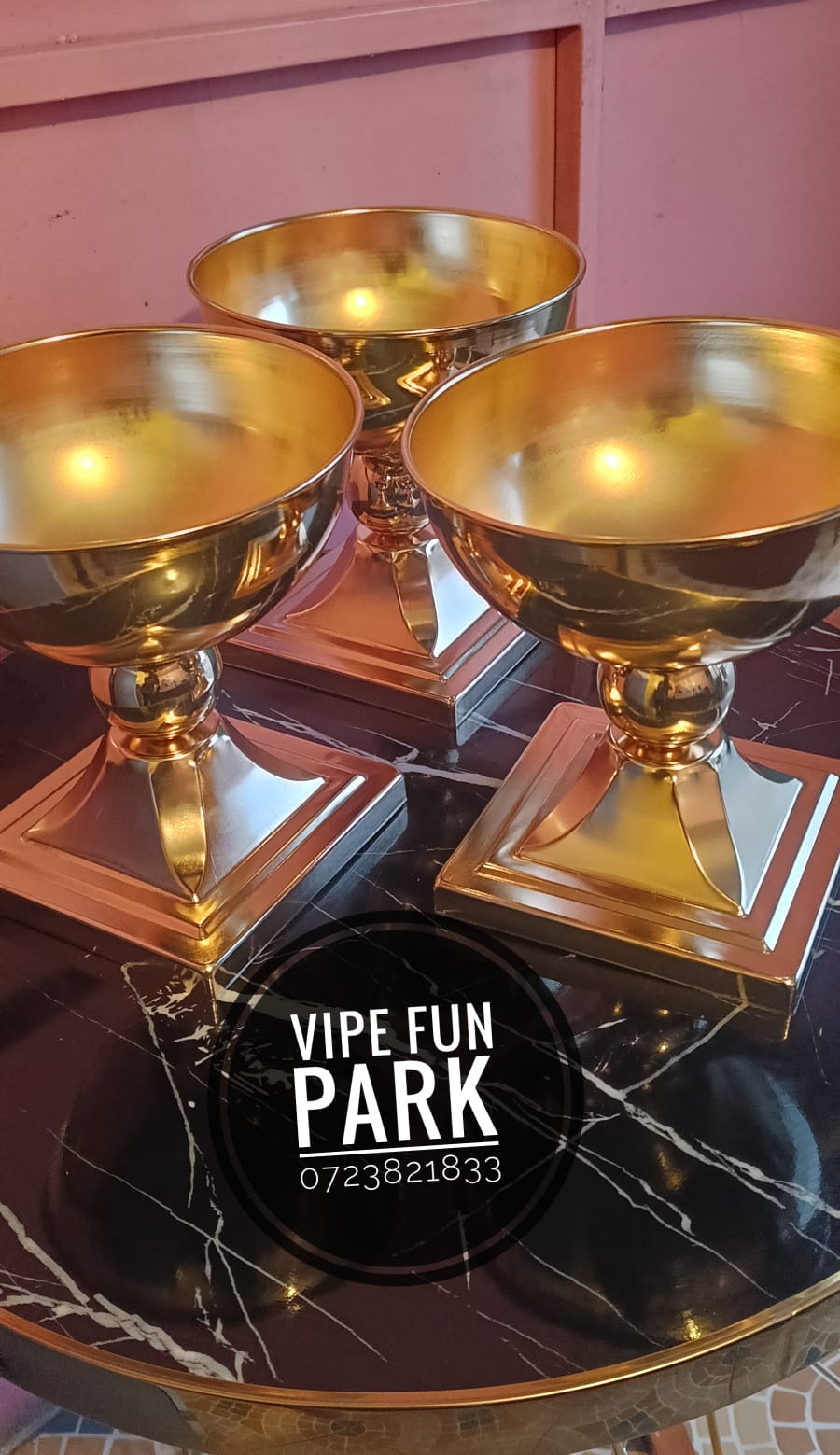 Three gold pedestal bowls with square bases for candy and centrepiece displays