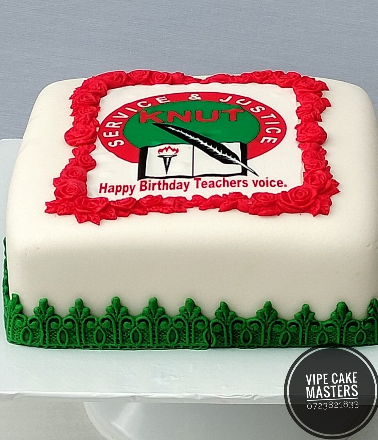 White rectangular corporate cake with red rose border, KNUT Service & Justice logo and Happy Birthday Teachers voice message
